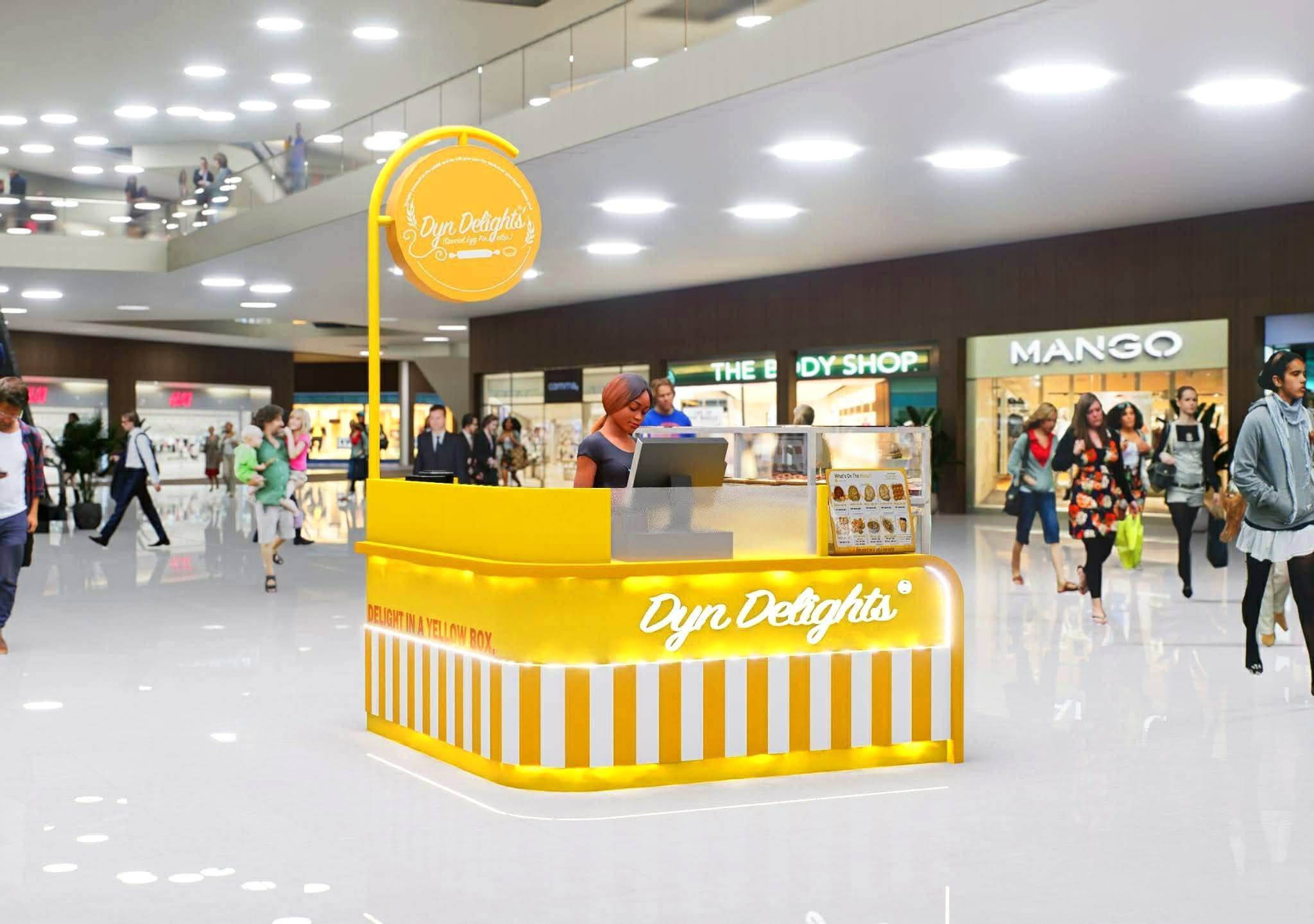 Dyn Delights kiosk concept in a mall setting